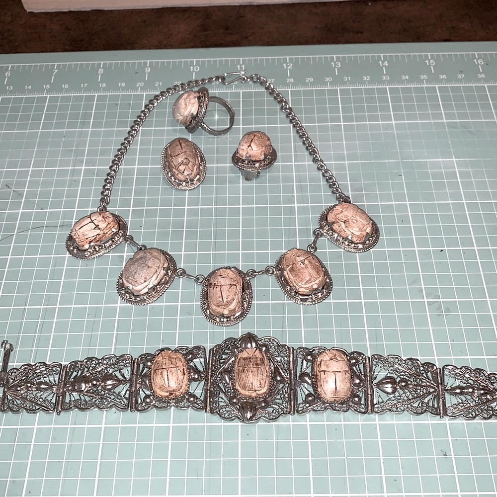 Egyptian Scarab Jewelry Set Faux Silver Finish Costume Pharaoh Ancient 5 Piece